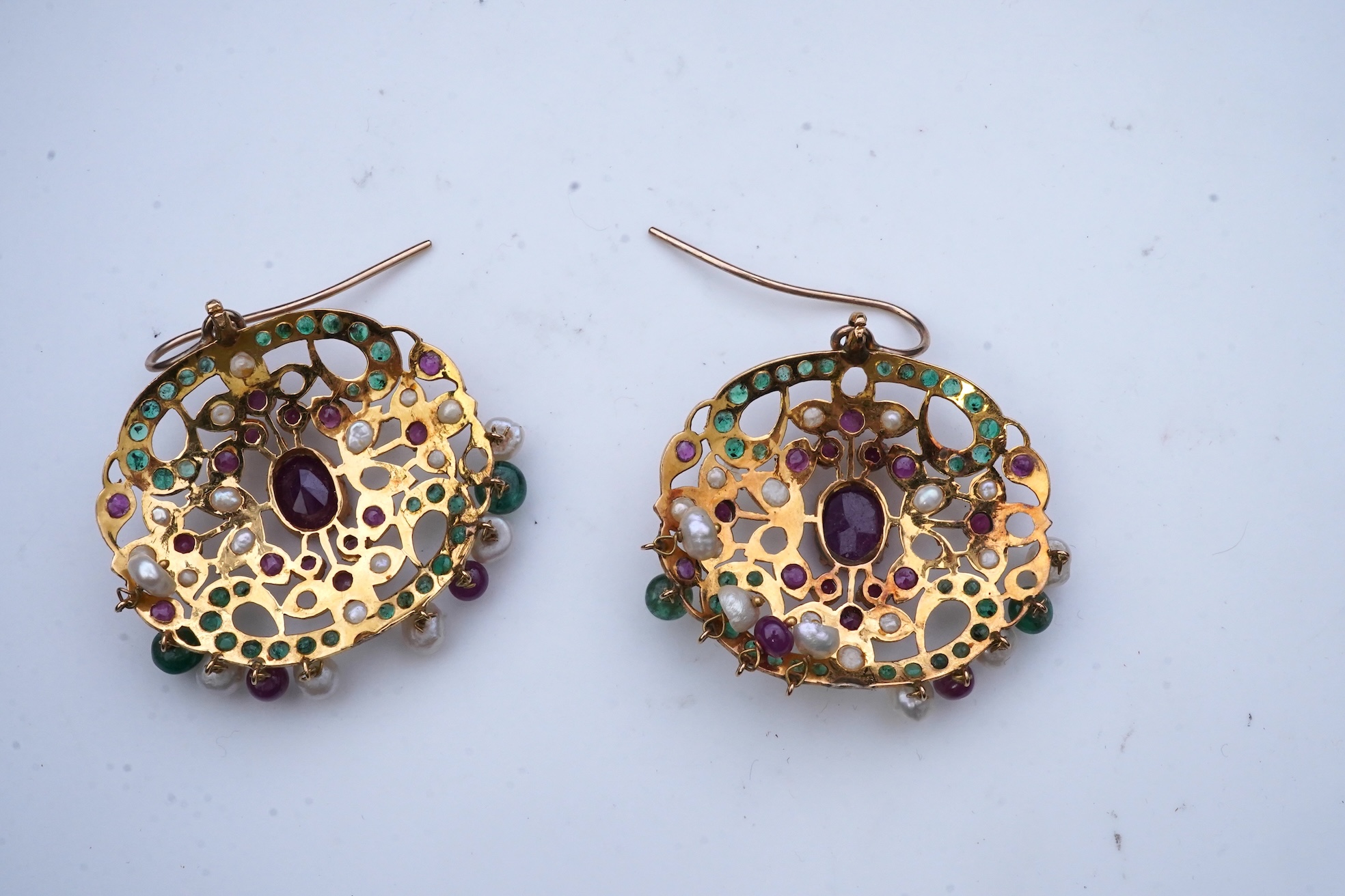 A pair of gem-set and seed pearl earrings, India